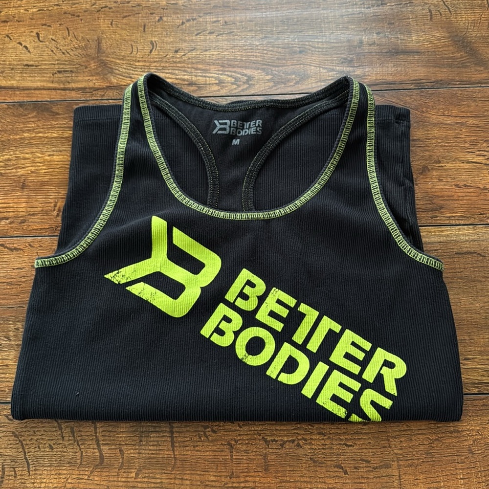 Better Bodies Black Tank with Vibrant Yellow Logo
